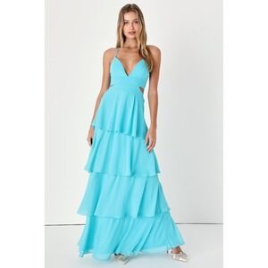 Lulus Tier and Now Med Aqua‎ Blue Maxi Dress Cutout Tiered Halter Backless Gown